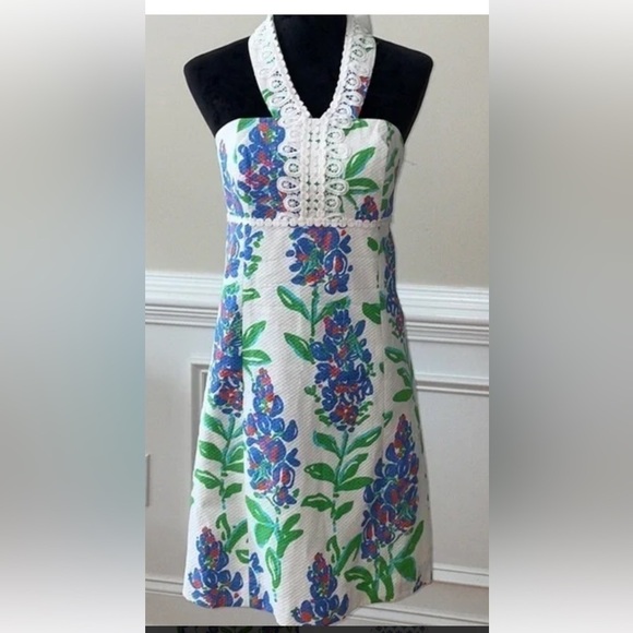 LILLY PULITZER Resort White Isabel Halter Bluebonnet / Fresh Cut‎ Dress Size 0